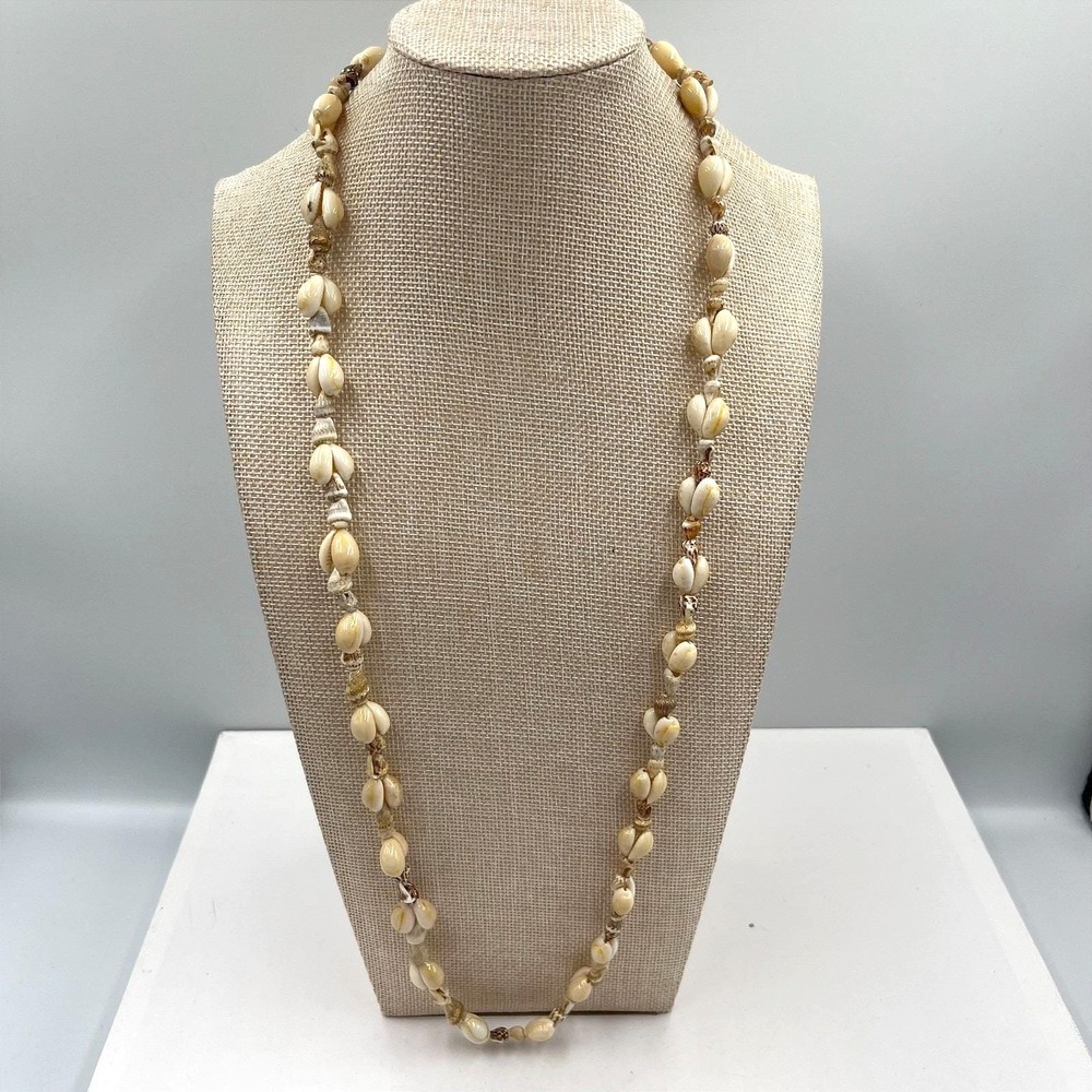 Vintage Off White Cowrie Shell Strand Necklace Long Hawaiian Beach Boho Tropical